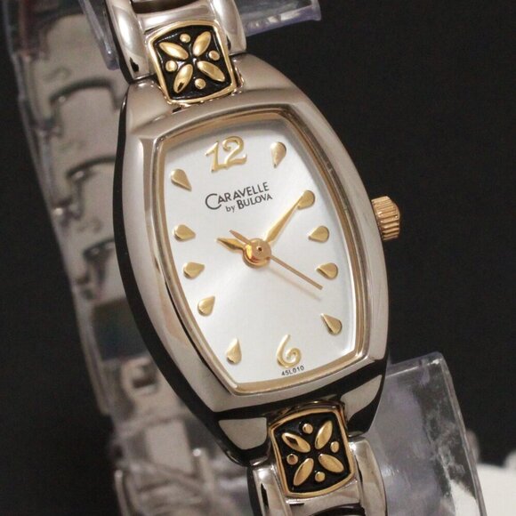 Caravelle Ladies Casual Quartz Watch Two Tone Raised Floral Design 17mm - Picture 8 of 12
